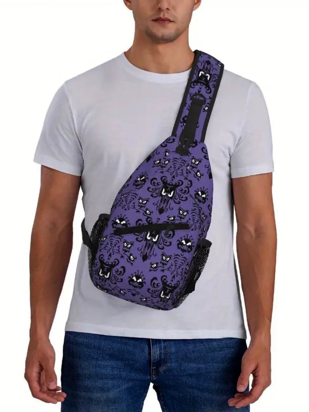 NEW! Haunted Mansion Purple Wallpaper Sling Bag Crossbody Foolish Mortal Disney - Picture 2 of 7